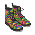 A pair of lace-up ankle boots with a vibrant, multicolored psychedelic swirl pattern, black laces, and black pull tabs, shown on a clean white background.