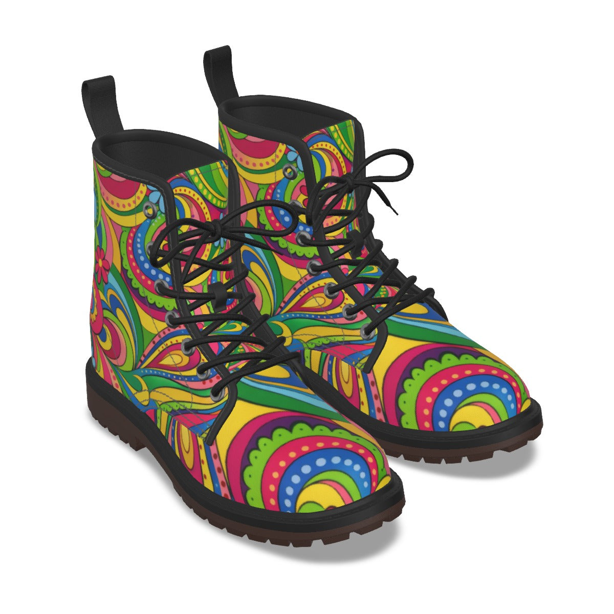 A pair of lace-up ankle boots with a vibrant, multicolored psychedelic swirl pattern, black laces, and black pull tabs, shown on a clean white background.