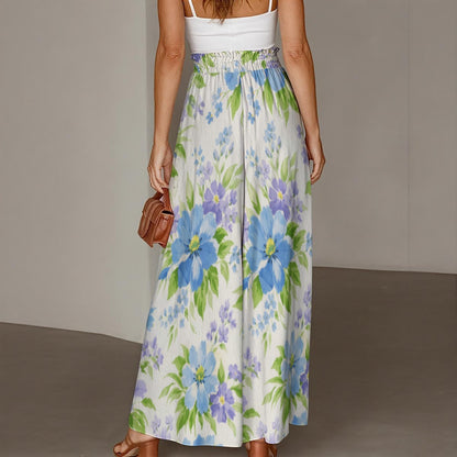 60s Vintage Blue Floral Wide-Leg Pants All-Over Print Women's Ruffled Wide-Leg Pants