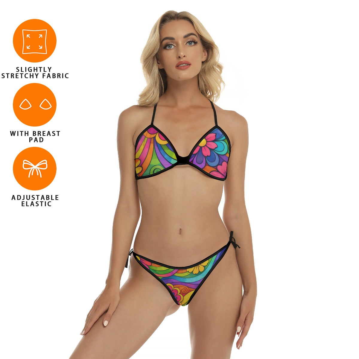 60s Groovy Swirl & Flowers Triangle Bikini Set — Psychedelic Rainbow Print