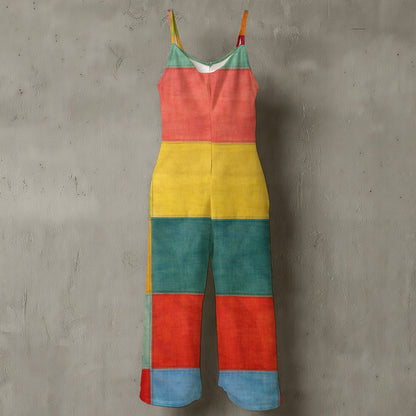 60s Psychedelic Swirl Wide-Leg Jumpsuit — Retro Spaghetti Strap All-Over Print