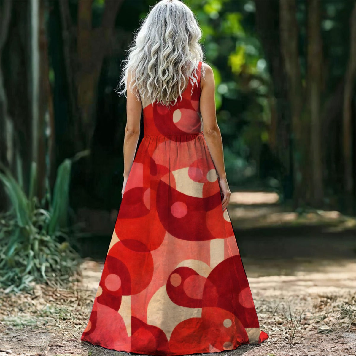 Red Geometric Circles Women's Sleeveless Maxi Dress | Bold Retro Dot Art Print