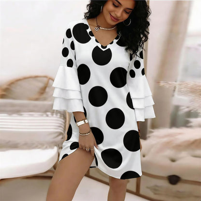 Black Polka Dot Ruffle Sleeve Dress — White Oversized Dots V-Neck