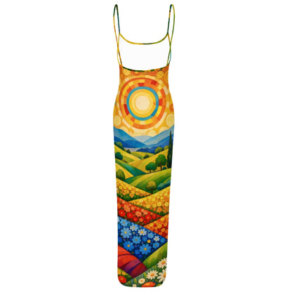 60s Pop Art Sheer Mesh Backless Maxi Dress — Spaghetti Strap