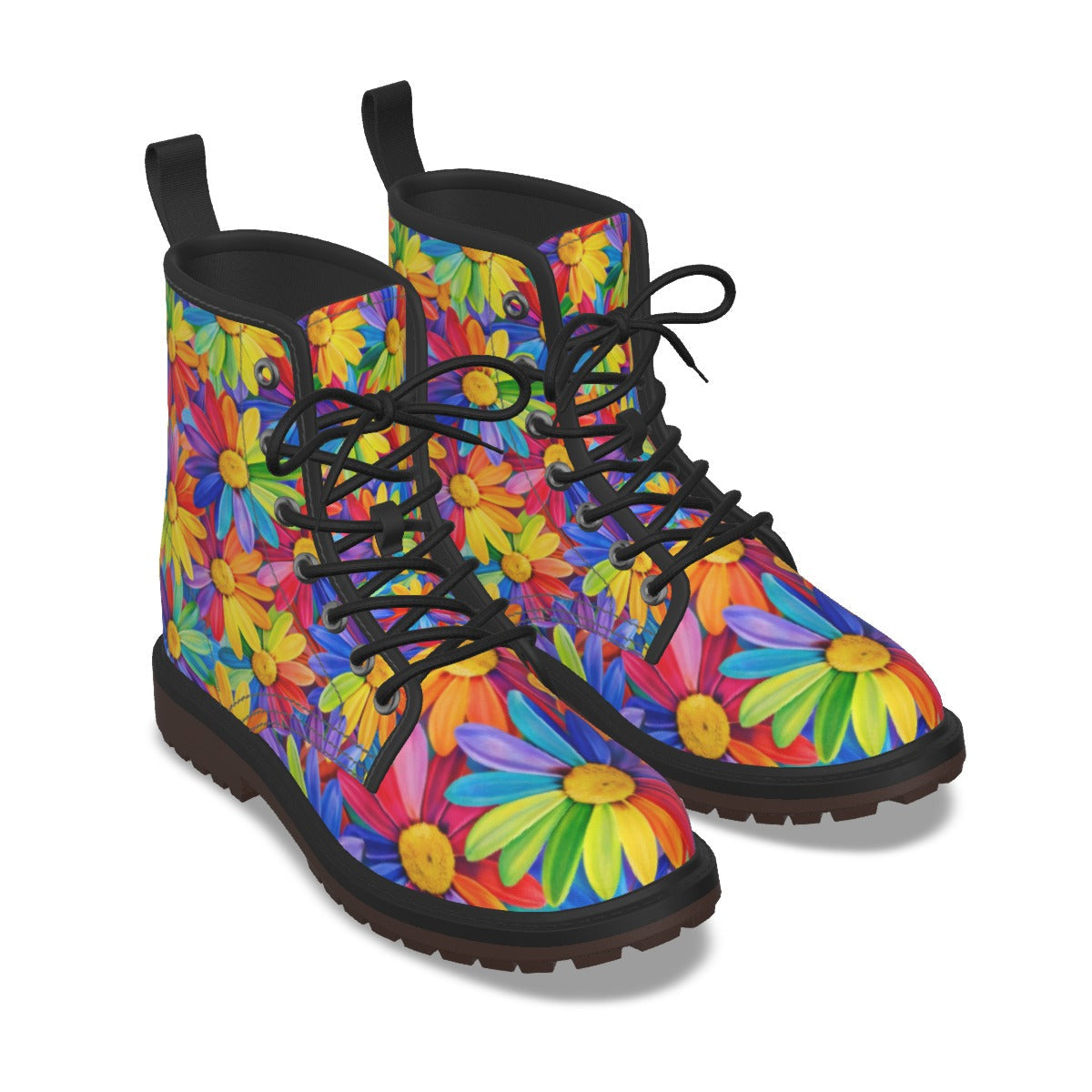 A pair of lace-up ankle boots with a vibrant, multicolored daisy floral print, black laces, and black soles, shown on a plain white background.