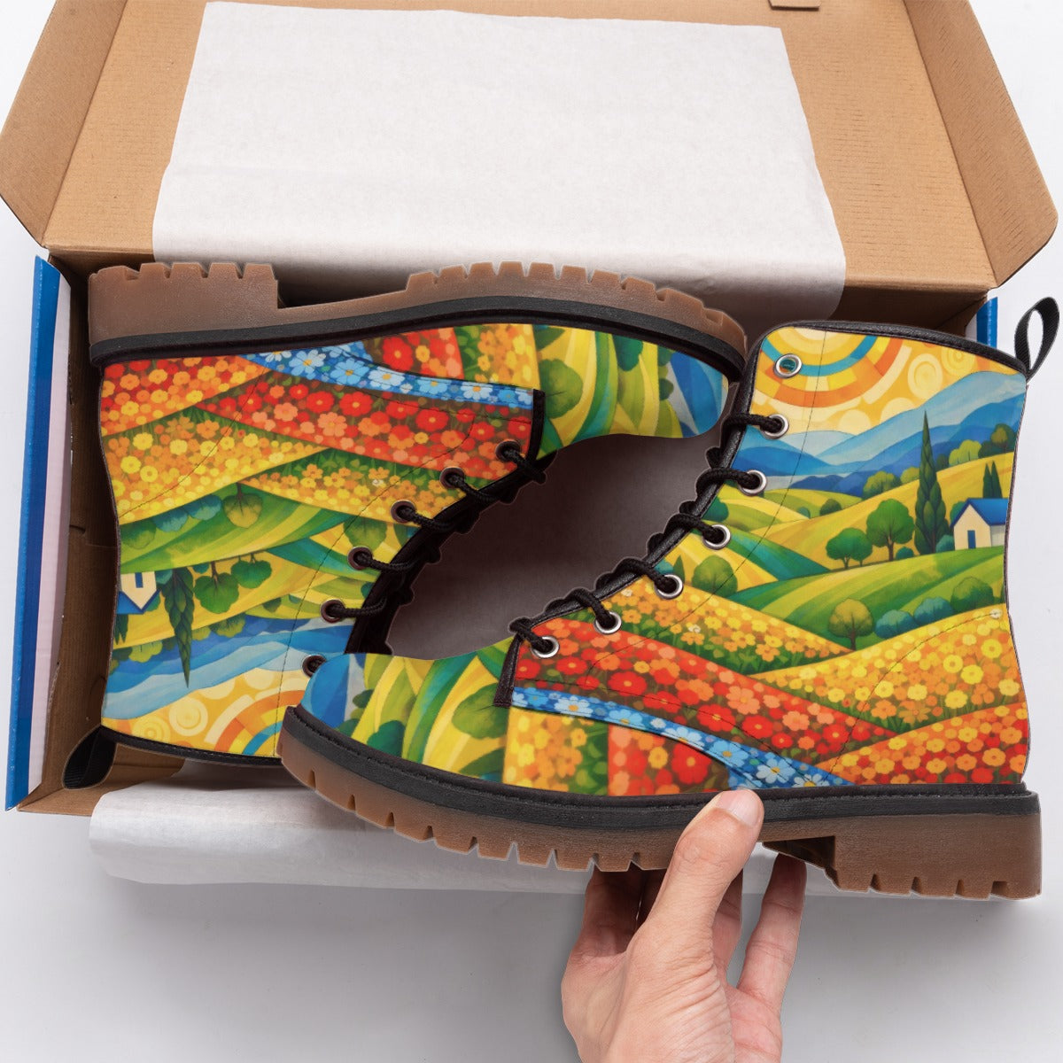 Flower Field Landscape Men's Martin Short Boots | Artistic Countryside Print