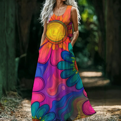 Psychedelic Sunflower Maxi Dress — Trippy Orange Pink Blue Print