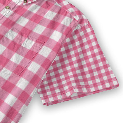 Pink Gingham Check Men's Cotton Shirt | All-Over Print Beach Shirt