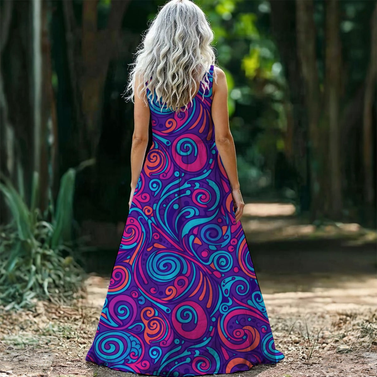 Psychedelic Swirl Maxi Dress — Purple Pink Blue 70s Pattern