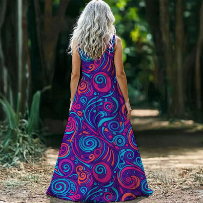 Psychedelic Swirl Maxi Dress — Purple Pink Blue 70s Pattern