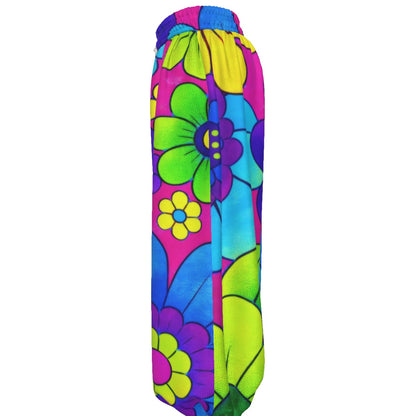 Bold Pop Art Floral Unisex Lantern Pants | 60s Mod Pink Purple Blue Print