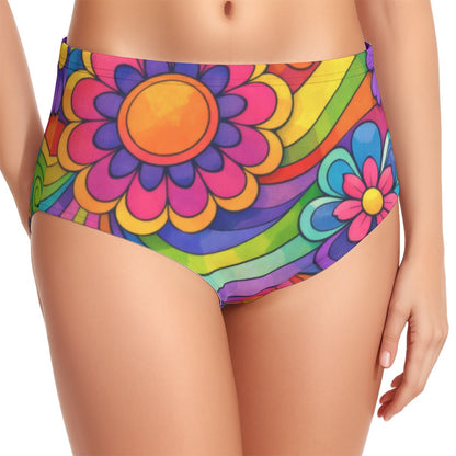 60s Flower Power Rainbow High-Waist Halter Bikini Set — Groovy Psychedelic Pin-Up