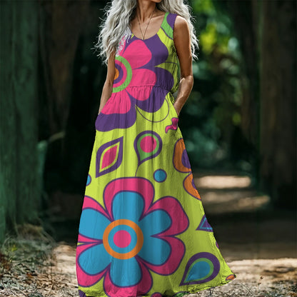 Flower Power Maxi Dress — Groovy Pop Art Blooms Lime Pink Blue