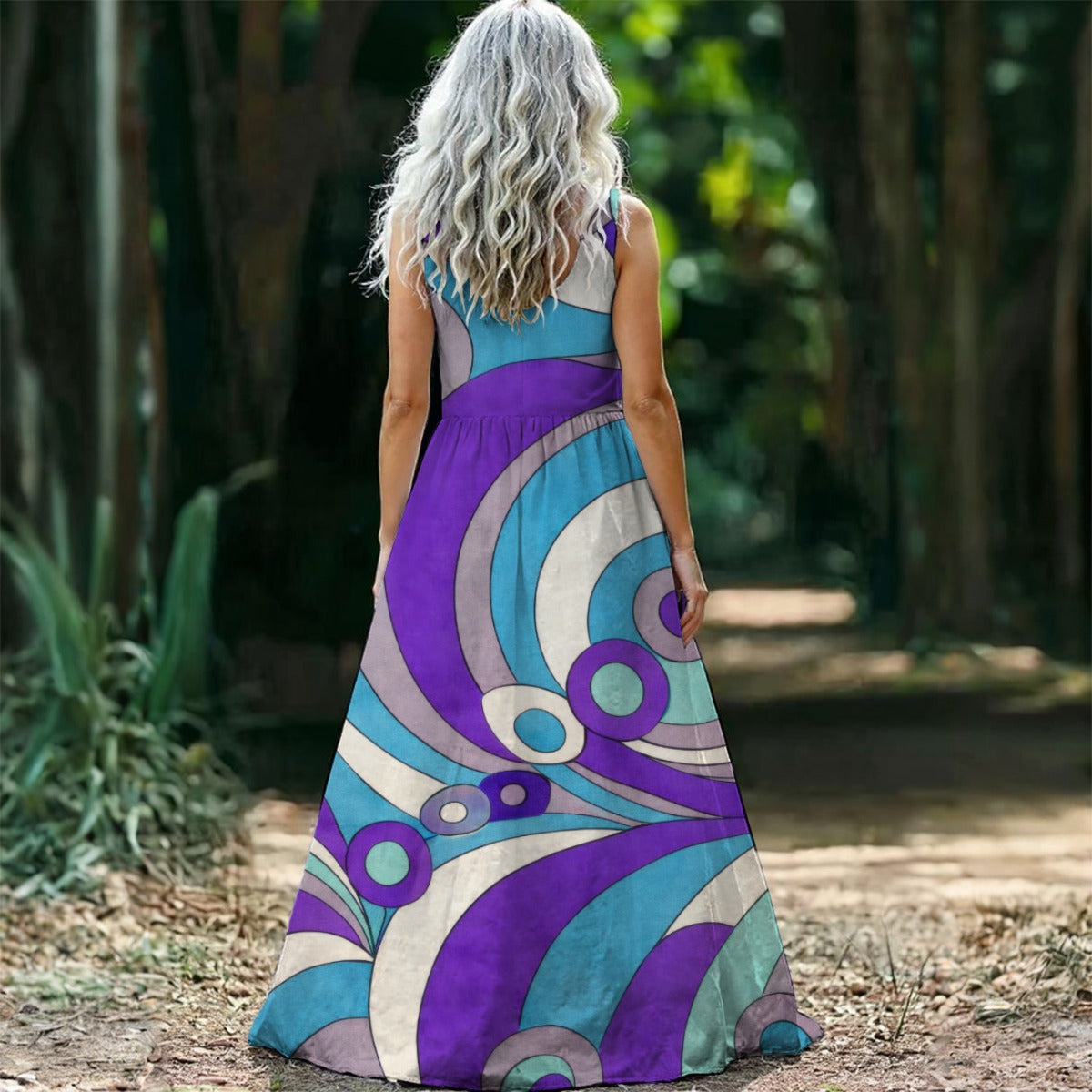 Retro Geometric Circles Women's Sleeveless Maxi Dress | 60s Mod Purple Blue Print