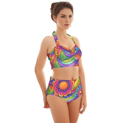 60s Flower Power Rainbow High-Waist Halter Bikini Set — Groovy Psychedelic Pin-Up