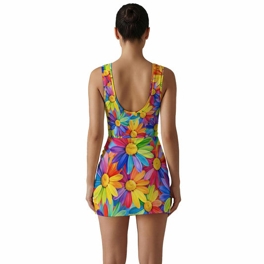 Rainbow Daisy Floral Sleeveless Bodysuit Mini Dress | All-Over Print