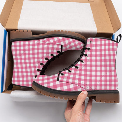 Pink Gingham Check Men's Martin Short Boots | Retro Barbie Plaid Print