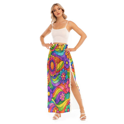 70s Rainbow Flower Power Women's Side Split Skirt | All-Over Print