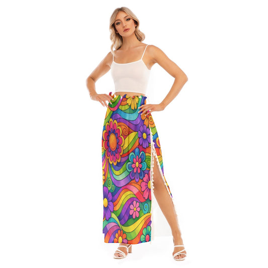 70s Rainbow Flower Power Women's Side Split Skirt | All-Over Print