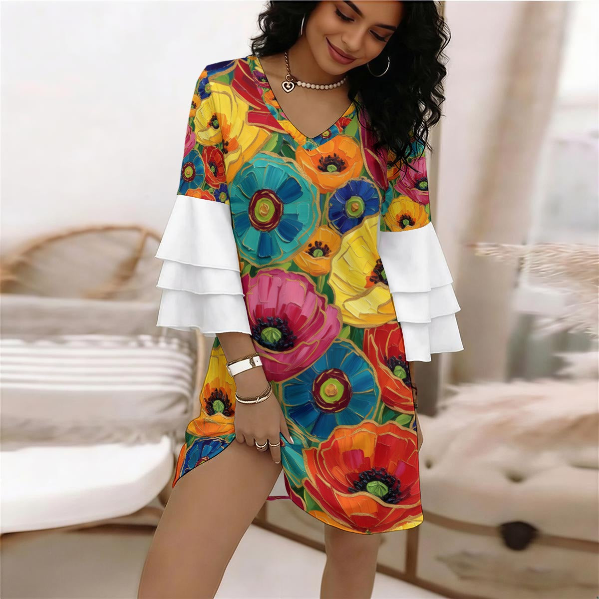 Oil Art Poppy Ruffle Sleeve Dress — Colorful Floral Red Blue Pink