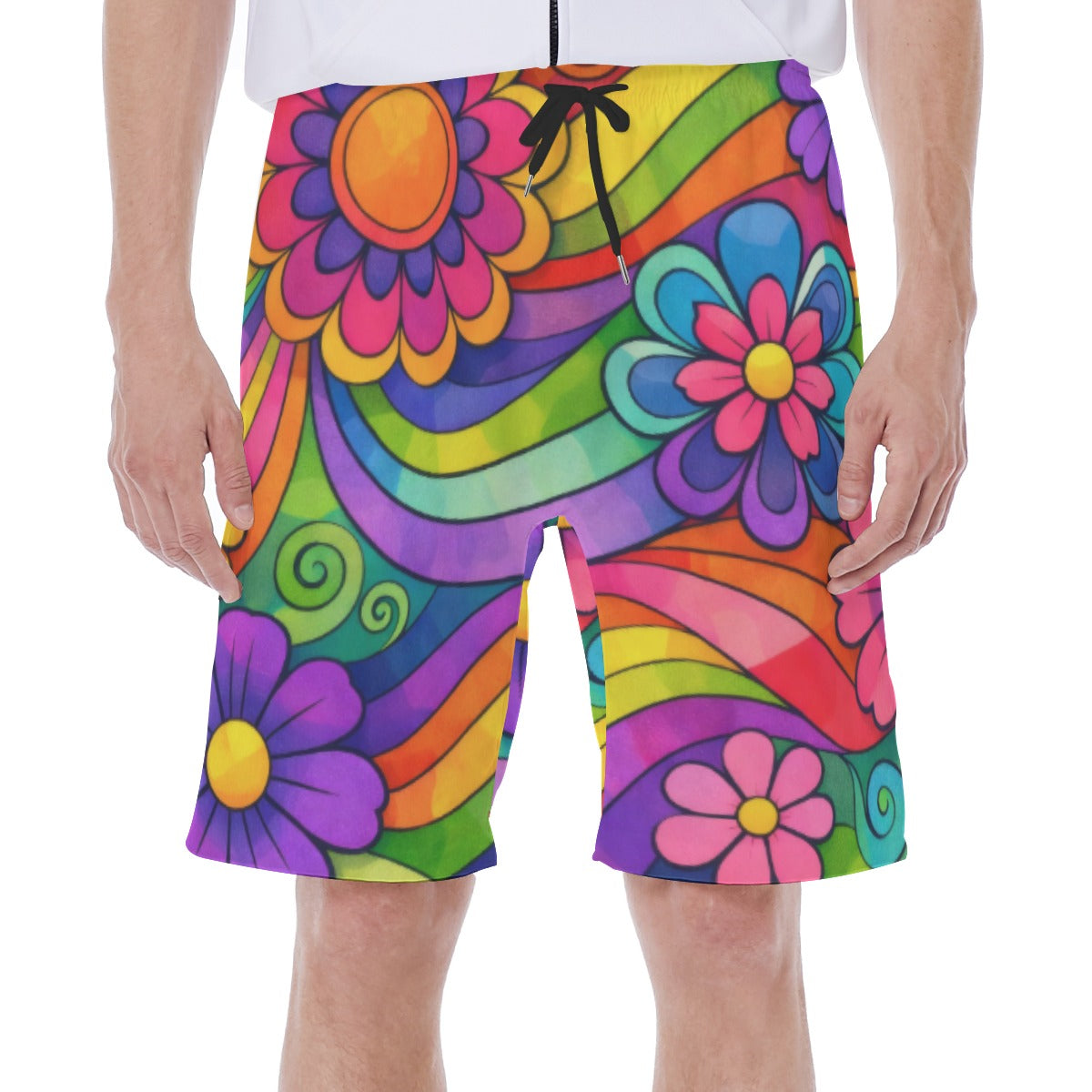 70s Rainbow Flower Power Men's Beach Shorts | All-Over Print With Lining