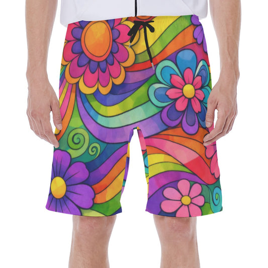 70s Rainbow Flower Power Men's Beach Shorts | All-Over Print With Lining