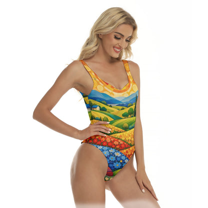60s Countryside Pop Art Women's One-Piece Swimsuit — Rolling Hills Print