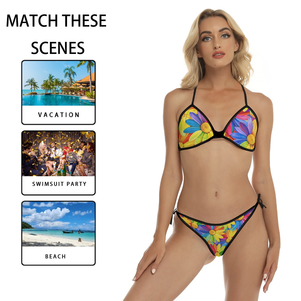 60s Rainbow Daisy Triangle Bikini Set — Halter Top & Tie Side Bottom