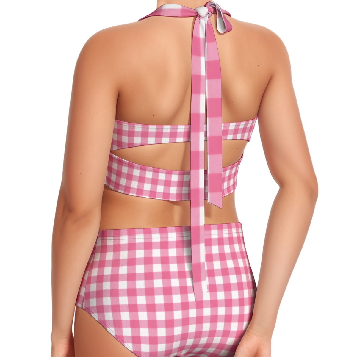 60s Pink Gingham High-Waist Halter Bikini Set — Retro Pin-Up Swimwear