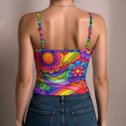 70s Rainbow Flower Power Women's Spaghetti Strap Tank Top | All-Over Print