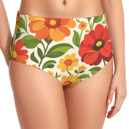 60s Retro Garden Poppy High-Waist Halter Bikini Set — Red & Orange Floral Pin-Up