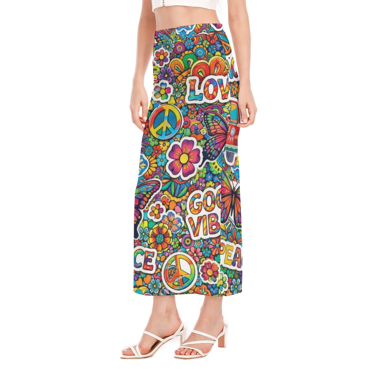 Groovy 70s Hippie Peace & Love Maxi Skirt All-Over Print Women's Side Slit Skirt