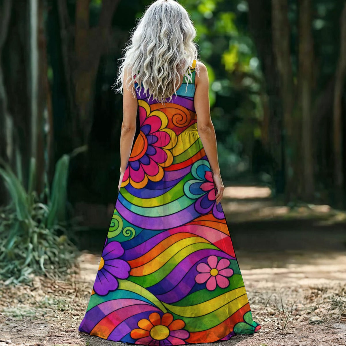 Rainbow Wave Flower Power Women's Sleeveless Maxi Dress | 70s Psychedelic Groovy Print