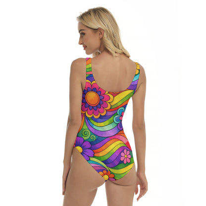 60s Rainbow Waves & Flowers Women's One-Piece Swimsuit — Groovy Print