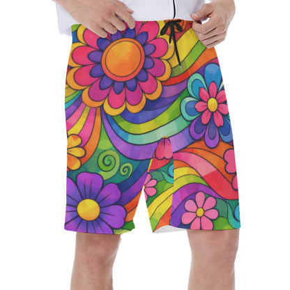70s Rainbow Flower Power Men's Beach Shorts | All-Over Print With Lining