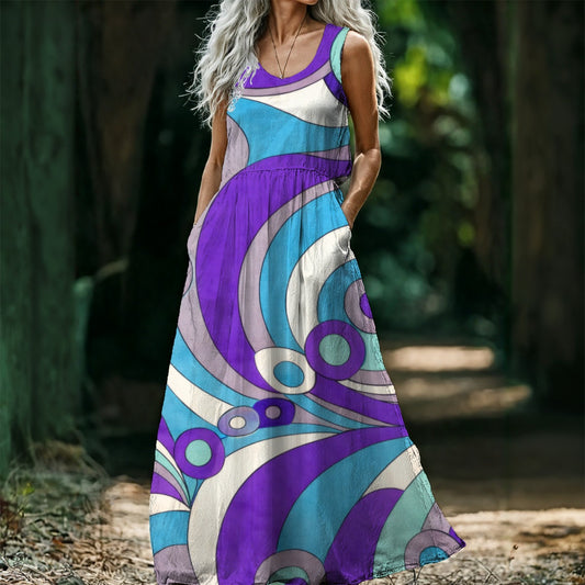 Retro Geometric Circles Women's Sleeveless Maxi Dress | 60s Mod Purple Blue Print