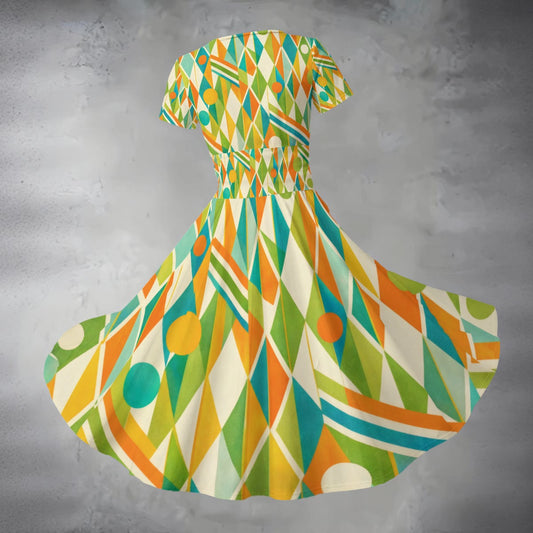 Colorful geometric patterned dress on a gray background