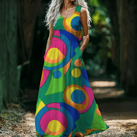 Retro Op Art Circles Maxi Dress — Green Pink Blue Yellow Print