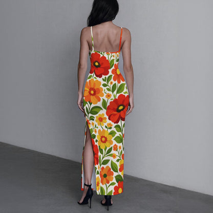 Retro Garden Floral Women's Long Dress with Slit | 60s Red Orange Poppy Bodycon Maxi