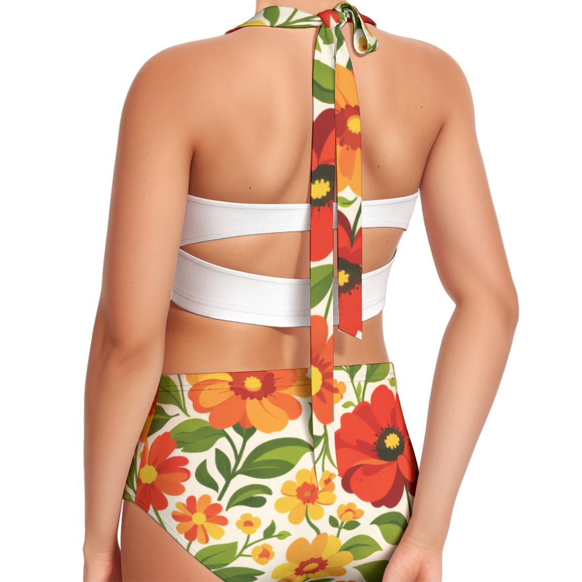 60s Retro Garden Poppy High-Waist Halter Bikini Set — Red & Orange Floral Pin-Up