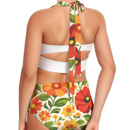 60s Retro Garden Poppy High-Waist Halter Bikini Set — Red & Orange Floral Pin-Up