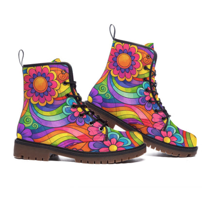 Rainbow Wave Flower Power Men's Martin Short Boots | 70s Psychedelic Groovy Print