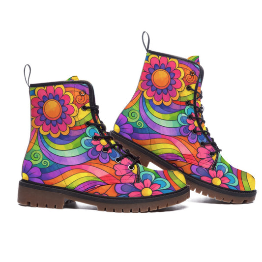 Rainbow Wave Flower Power Men's Martin Short Boots — 70s Psychedelic Groovy Print