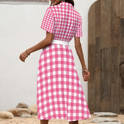 60s Pink Gingham Shirt Dress with Waist Tie — Button Front Maxi