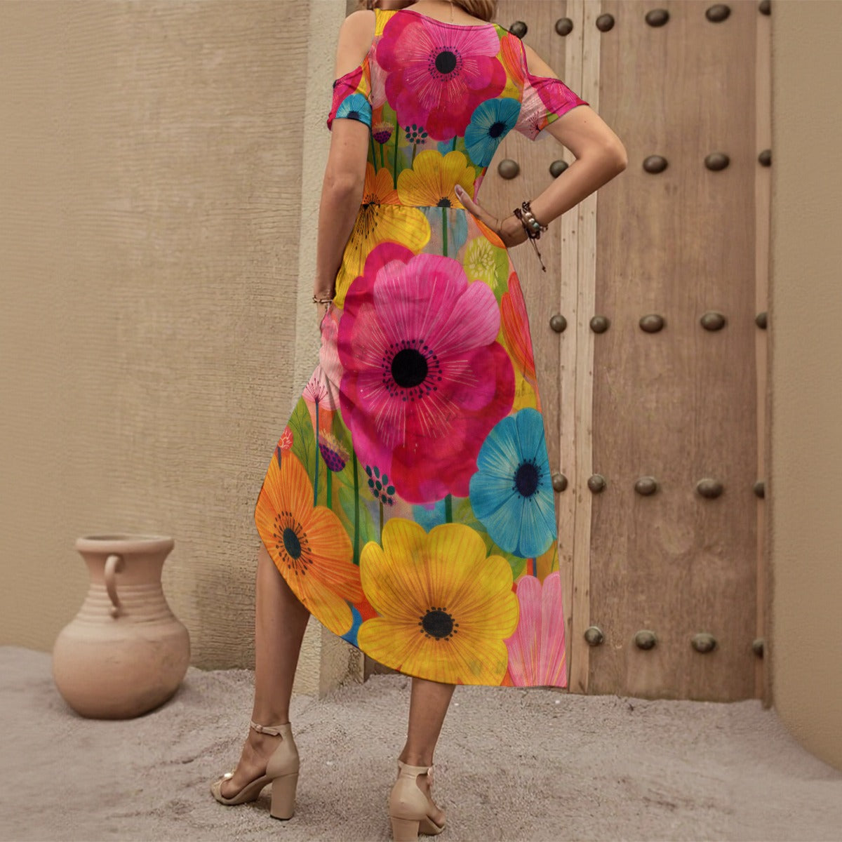 Groovy 60s  Watercolor Apparel All-Over Print Women's V-neck Off-shoulder Dress