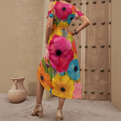 Groovy 60s  Watercolor Apparel All-Over Print Women's V-neck Off-shoulder Dress
