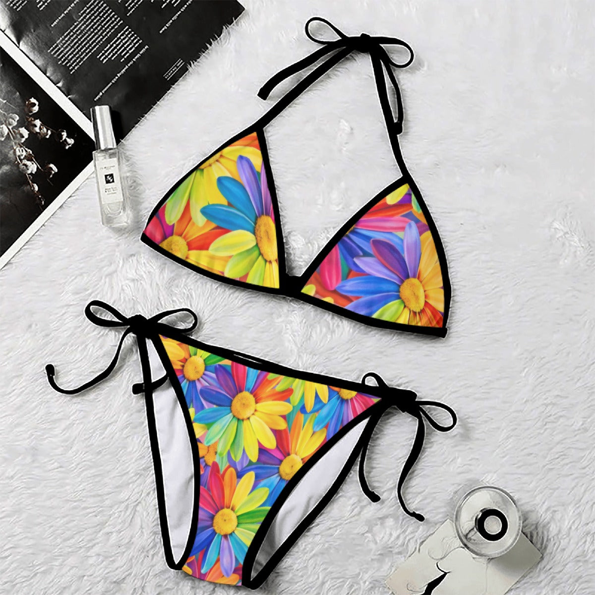 60s Rainbow Daisy Triangle Bikini Set — Halter Top & Tie Side Bottom