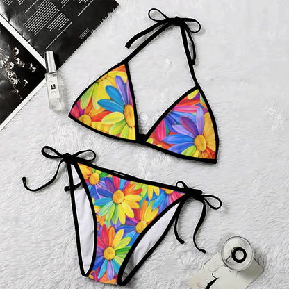 60s Rainbow Daisy Triangle Bikini Set — Halter Top & Tie Side Bottom