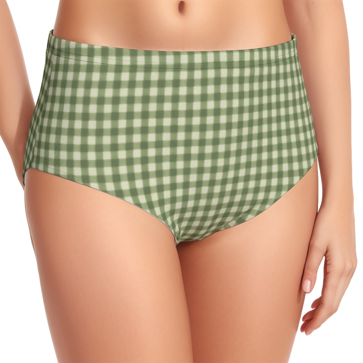 60s Sage Green Gingham High-Waist Halter Bikini Set — Retro Pin-Up Swimwear