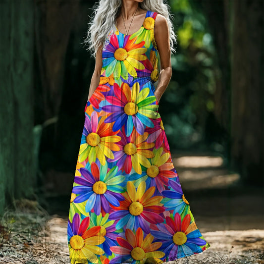 Rainbow Daisy Burst Women's Sleeveless Maxi Dress | Colorful Sunflower Floral Print